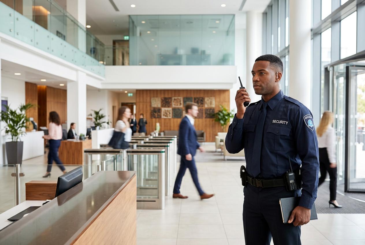 Professional security personnel at a commercial facility